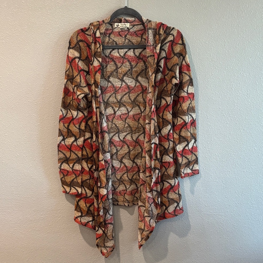 Unity World Wear Red and Brown Patterned Cardigan